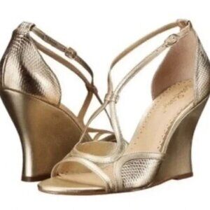 Lilly Pulitzer Janie Gold Wedge Sandals Strappy Metallic Leather Size 9 Women's